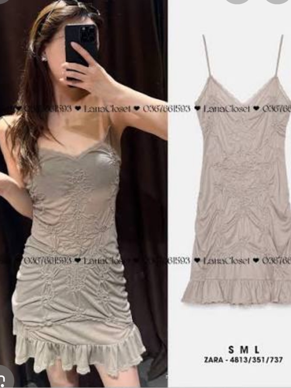 Zara Taupe Ruched Spaghetti-Strap Mini Dress